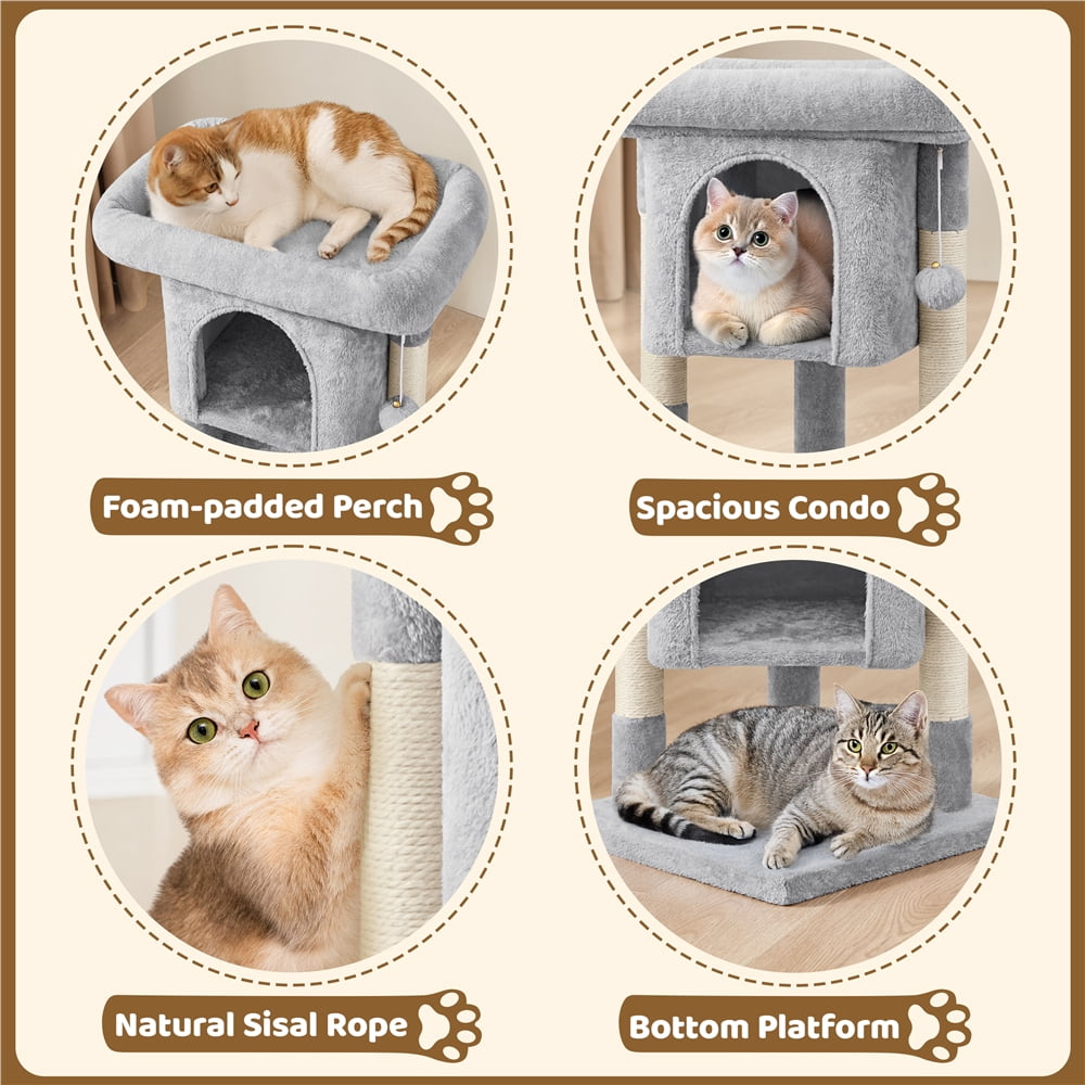 Yaheetech 23.5″ H Spacious Cat Tree with Large Top Perch, Condo & Scratching Posts, Light Gray