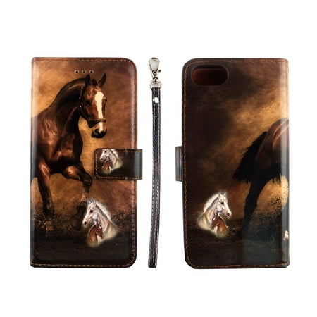 Brown Horse Case for iphone 6 / 7 / 8 Wallet Cover Flap Magnetic Closure Snap-on Book Style Cases Card Holders Folio Standing Wrist Strap Fashion Flip Pu Leather