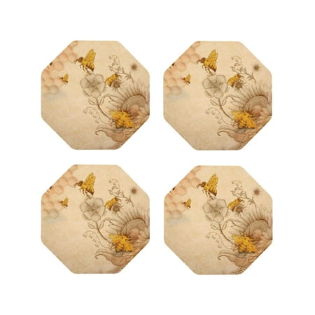 

Coasters Set of 4 - Retro Hand Drawn Honey Bees Sunflowers Drink Coasters for Tabletop Protection Leather Coasters for Living Room Decor and Housewarming Gift Octagon