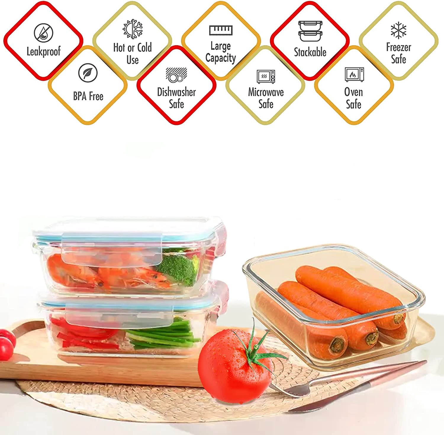 GentleShark 2 Pack Large 52oz Glass food Storage Containers with Lids,Clear Glass Meal Prep Containers for Kitchen Lunch Box