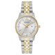 thumbnail image 1 of Bulova Reloj clásico de cuarzo con fecha y calendario de 3 manecillas y acero inoxidable dorado en dos tonos con diamantes para mujer, esfera plateada Estilo: 98P197, 1 of 5