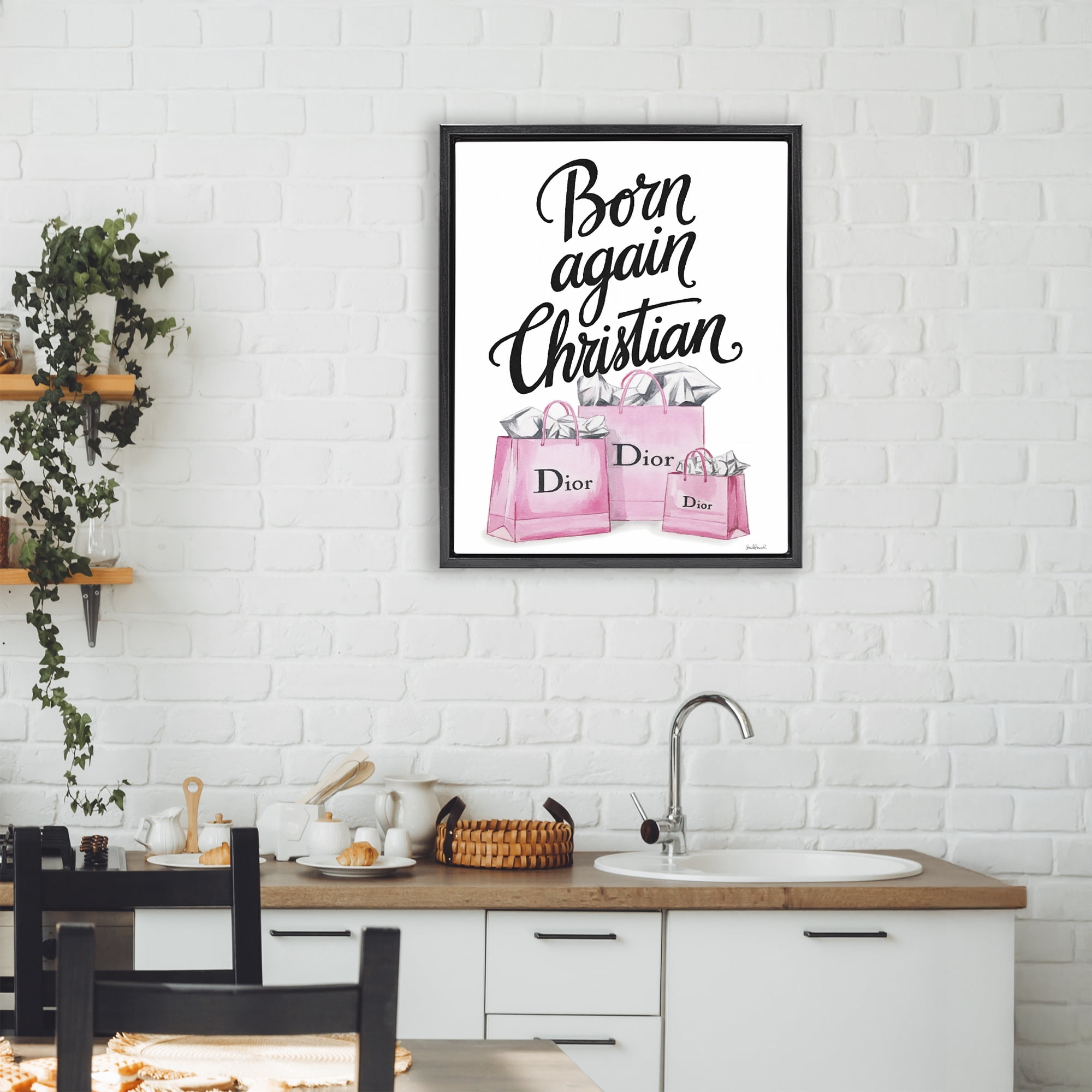 Pink Bags Born Again Christian Black Framed Floater Canvas Wall Art, design by Amanda Greenwood