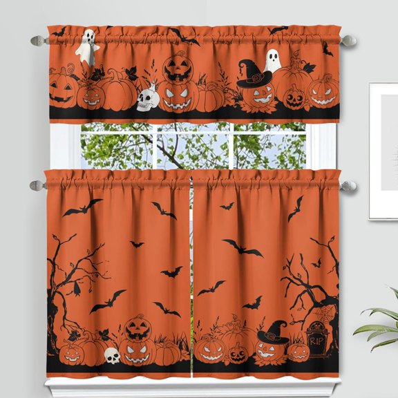 Halloween Kitchen Curtains and Valances Set of 3, Orange Pumpkin Ghost Bat Halloween Decor,Horror Halloween Curtains and Valances Short Curtain Set for Kitchen Bedroom Decor 36 Inch