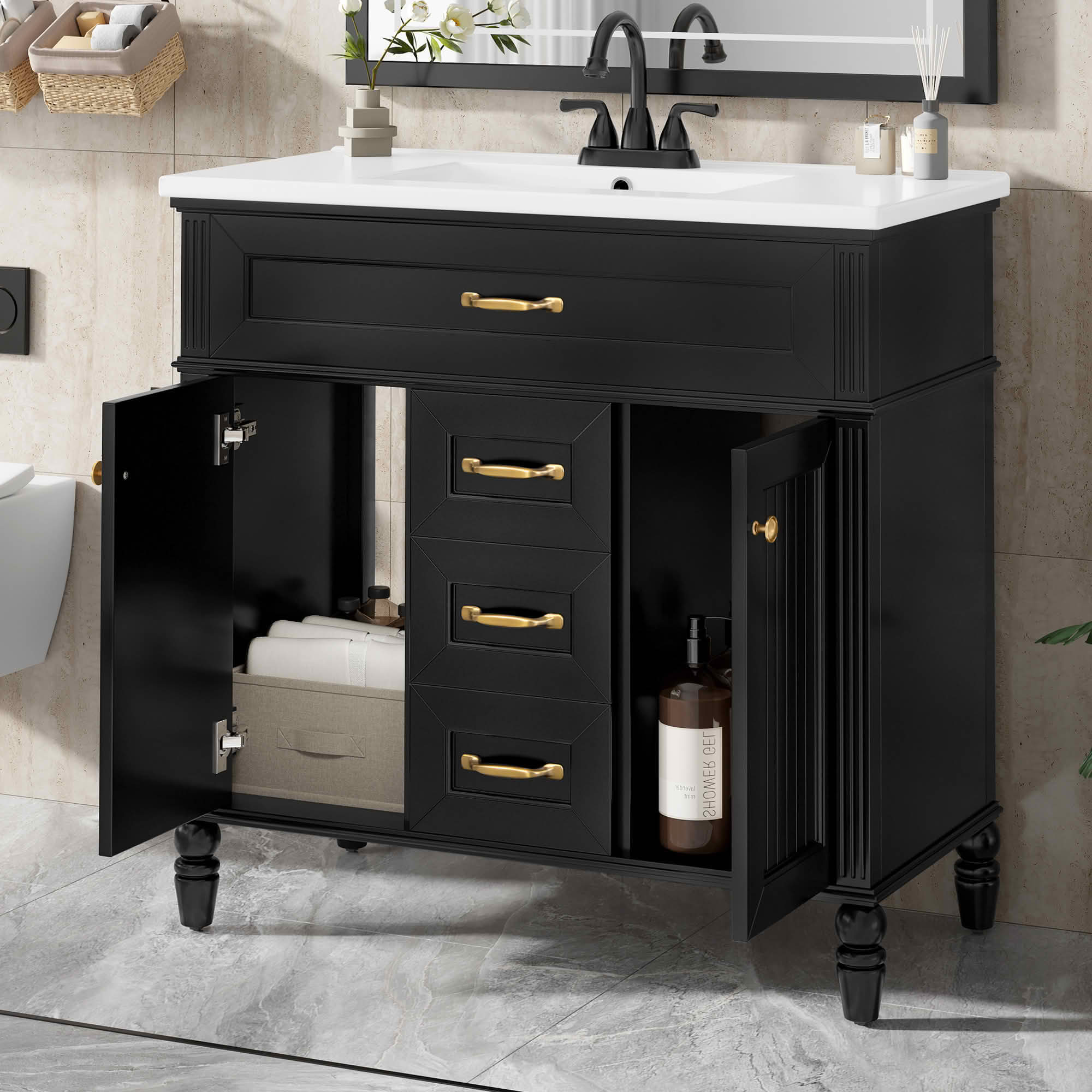 MAYEERTY 36" Bathroom Vanity with Sink Black Freestanding Ceramic Basin MDF Solid Wood Flip-Out Drawer Soft Close Doors Golden Handles