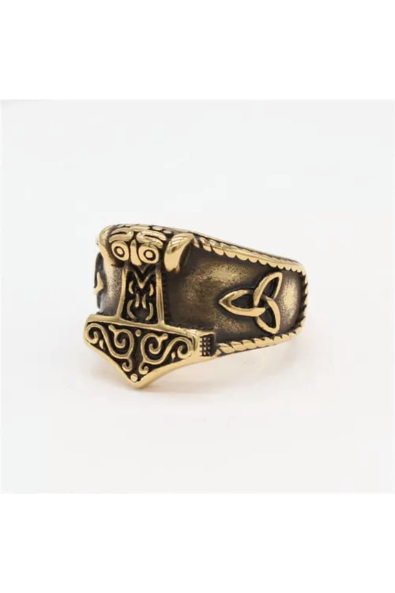 Mens Stainless Steel Norse Viking Thor's Hammer Wolf Head Ring Warrior's Gothic-Gold-10