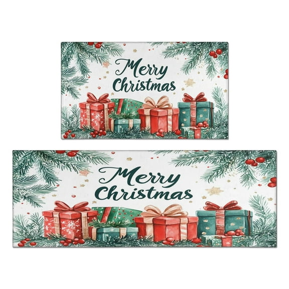Christmas Kitchen Rug Set of 2 Absobent Kitchen Mats for Floor,Merry Christmas Happy New Year Gift Kitchen Runner for Bathroom,Room Bedroom (47x17 30x17in)
