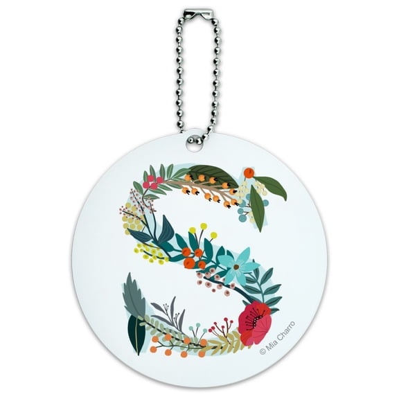 Letter S Floral Monogram Initial Round Luggage ID Tag Card Suitcase Carry-On