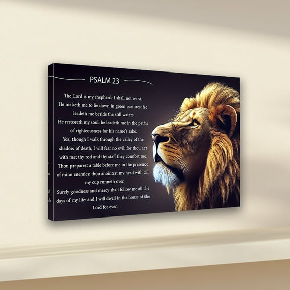 [Majestic Lion Canvas Art] Majestic Lion Canvas Art - Psalm 23 Scripture, Christian Wall Decor for Living Room, Bedroom, Office - Indoor Pine Wood Frame, Perfect Holiday Gift