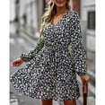 thumbnail image 4 of Vestido midi con estampado floral, escote en V, mangas largas, cintura con lazo, corte A para primavera/otoño, negro, talla L, 4 of 8