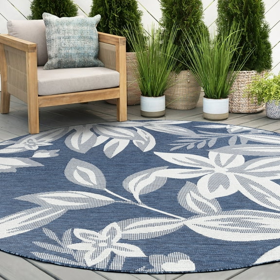 6ft Round Water Resistant, Indoor Outdoor Rugs for Patios, Front Door Entry, Entryway, Deck, Porch, Balcony | Outside Area Rug for Patio | Navy, Floral | Size: 5'3'' Round
