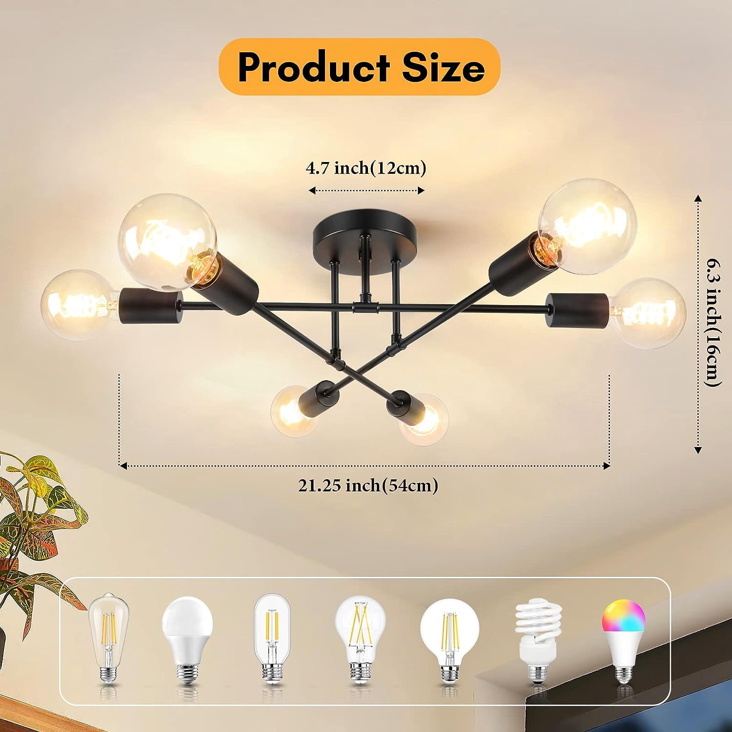 Neoglint Sputnik Chandelier, 6-Light Black Mid Century Flush Mount Ceiling Light Fixture with E26 Base for Dining Room Bedroom Foyer Hallway Living Room