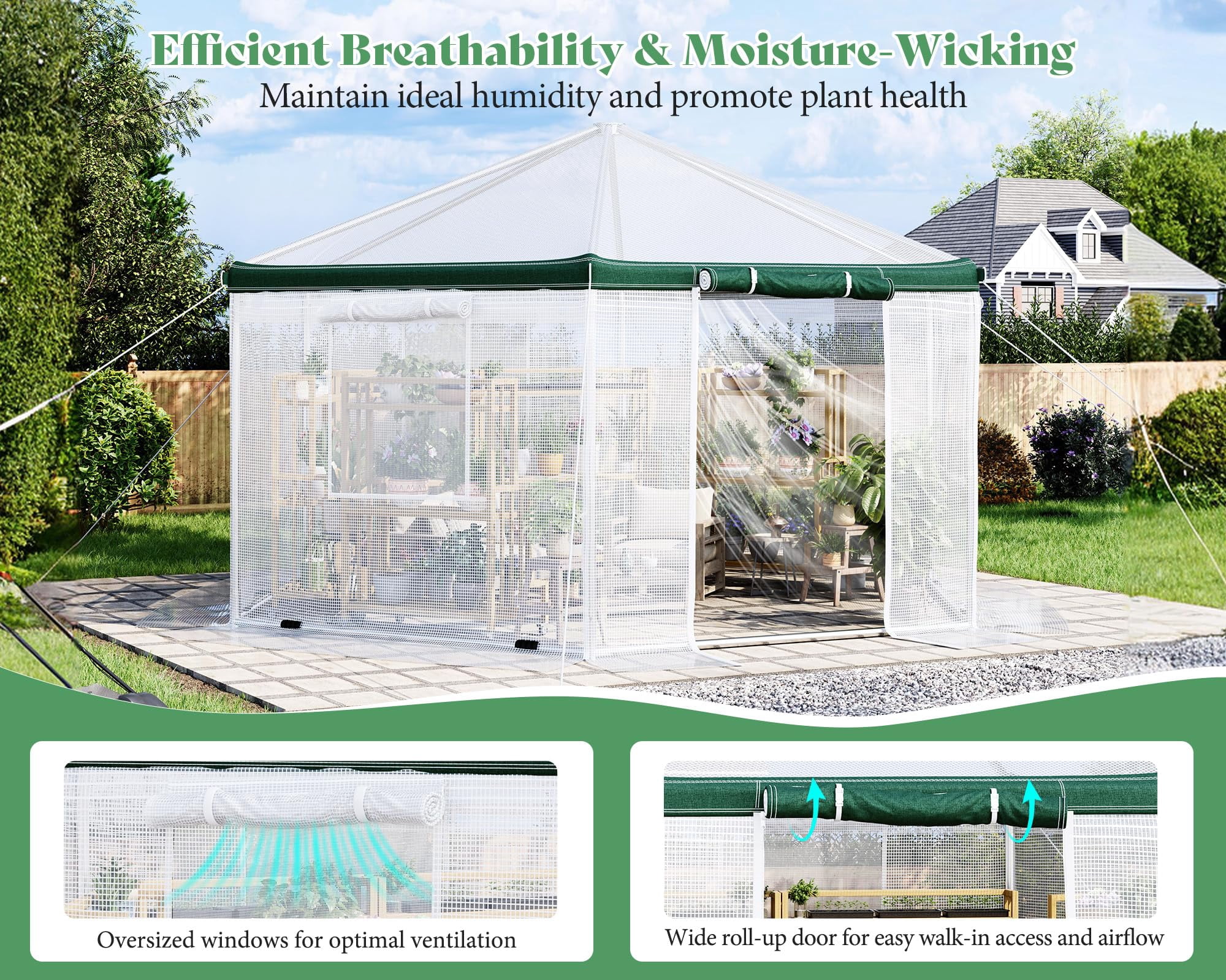 13.5x13.5x9 ft Hexagonal Walk-in Greenhouse for Outdoors, White/Green