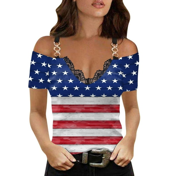 Moda Mujer Causal V-Cuello Día de la independencia Blusa con estampado de encaje Camiseta de manga corta Tops de verano Fridja hjk4218