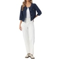 thumbnail image 2 of INSPIRE CHIC Women's Summer 3/4 Sleeve Collarless Button Up Denim Jean Jackets XS Dark Blue, 2 of 6