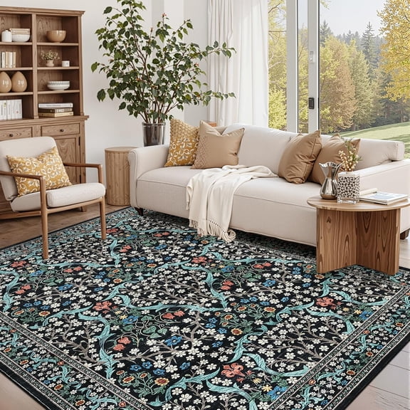 8x10 Vintage Floral Area Rug, Non Slip Washable Low Pile Stain Resistant Living Room Bedroom Carpet,black