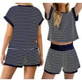 thumbnail image 2 of Women Summer 2 Piece Sets Striped Short Sleeve T Shirts and Shorts Matching Set Navy Blue M, 2 of 6