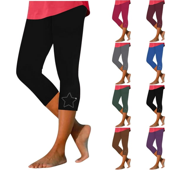TKYCMSUAKI Plus Size Capri Pants for Women Comfy High Waist Stretchy Athletic Leggings Trendy Rhinestones Yoga Cropped Trousers