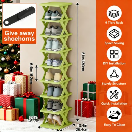 9-Tier Stackable Shoe Rack Space-Saving Vertical Organizer Holds 9 Pairs Easy Assemble Plastic Storage for Entryway Hallway Bedroom Dorm