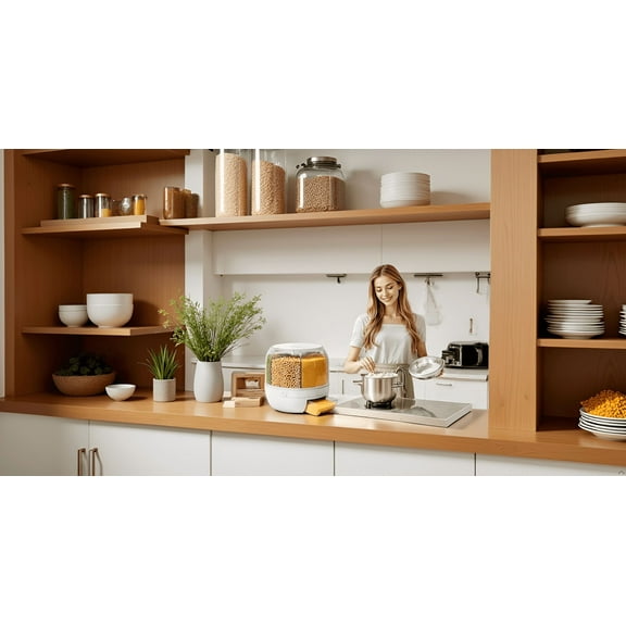 6-Grid 360° Rotating Grain Storage Container Dispenser – One-Click Rice, Beans & Cereal Organizer, BPA-Free Kitchen Food Bin