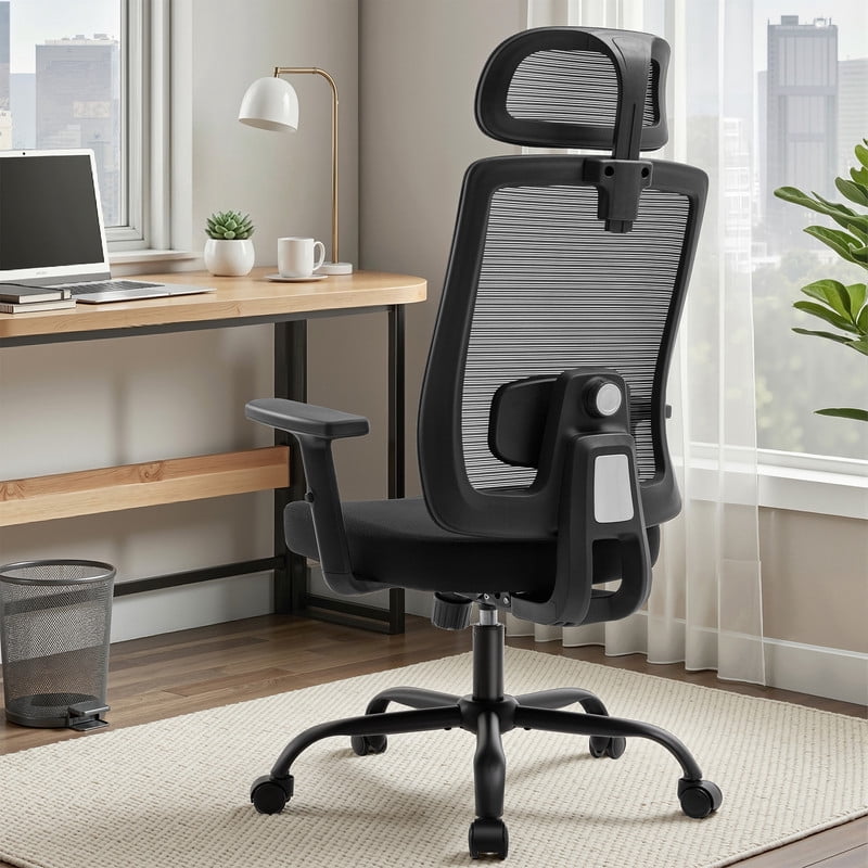 Walsunny Ergonomic Mesh Office Chair with Adjustable Headrest, Breathable High Back Mesh Computer Desk Chair with 360°Swivel Rolling Wheels, suitable for Home Office Workspace, Black
