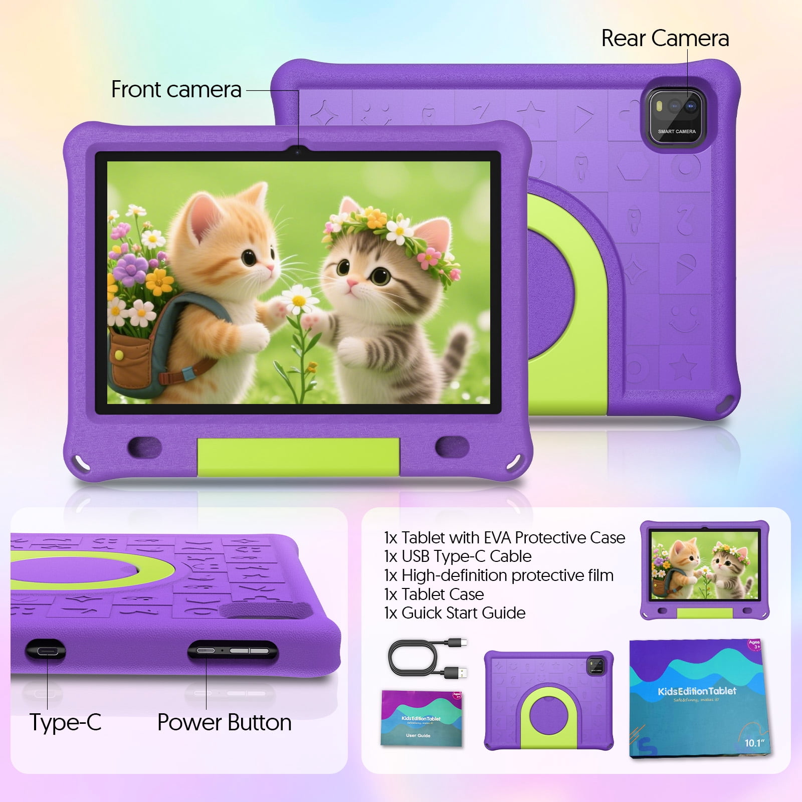 10inch Kids Tablet Android 15,1280x800 HD Ips Display Tablet with Eva Case,12GB (3g+9g) RAM+64GB Rom,Quad-Core, Wi-Fi6,6000mAh,Parental Control App Google Certified - Purple