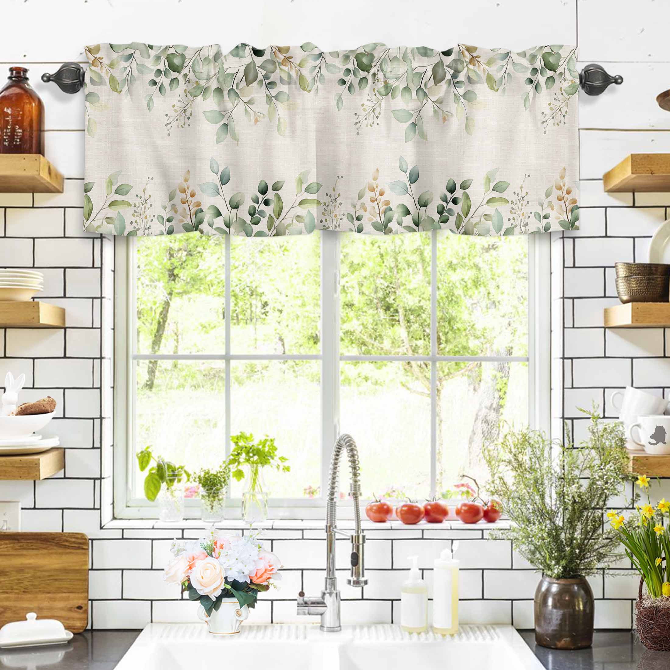 Retro Eucalyptus Leaves Valances for Windows Sage Green Leaf Summer Plants Linen Rod Pocket Curtain Valance Window Treatment Short Curtains for Kitchen Living Room, 60"x18"