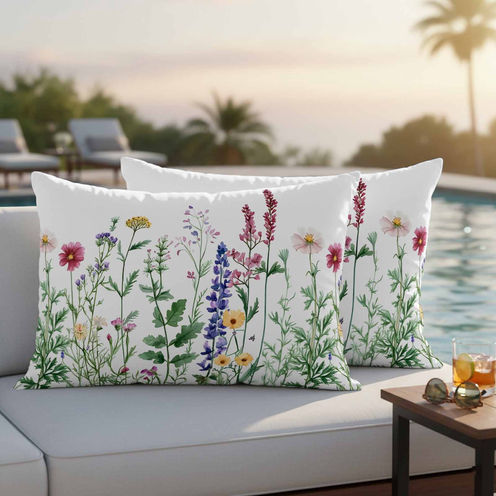 Spring Pink Pillow Covers 2 Pack Wildflower Lavender Botanical Sage Green Leaves Pillowcase Waterproof Outdoor Throw Pillow Cover for Patio Balcony Rectangular Cushion 20”x12”