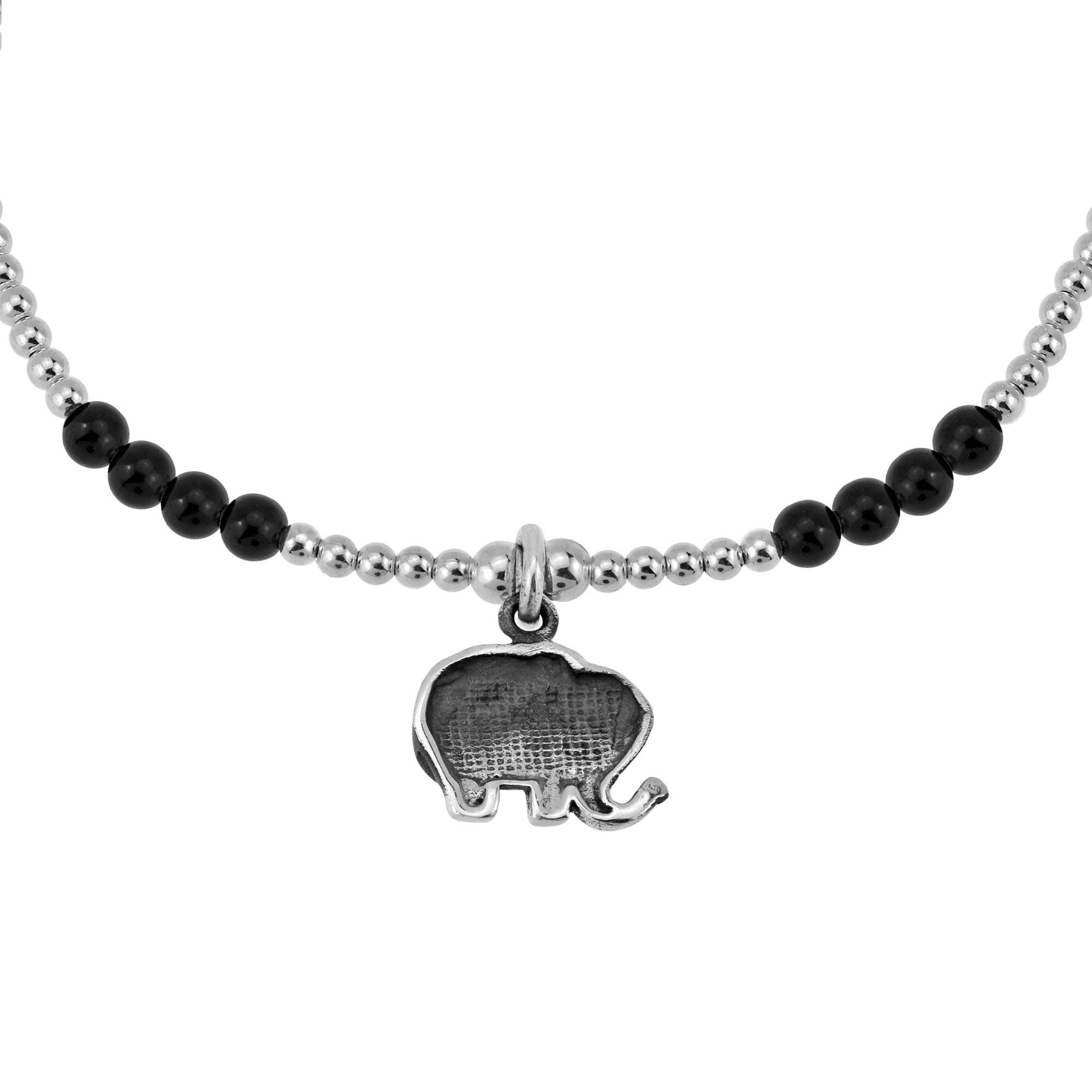 Dainty Royal Elephant Black Onyx Charm Sterling Silver Beaded Bracelet
