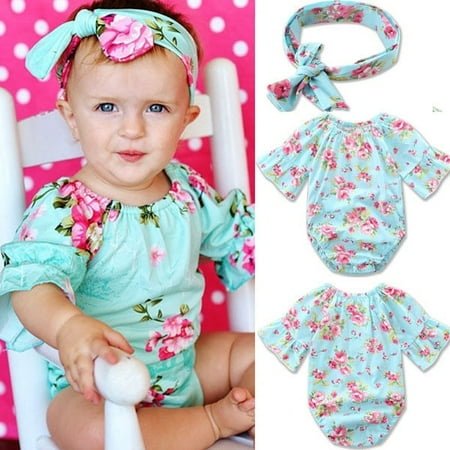 

Kids 2PCS Baby Girls Floral Romper Jumpsuit Bodysuit Headband Outfits Set