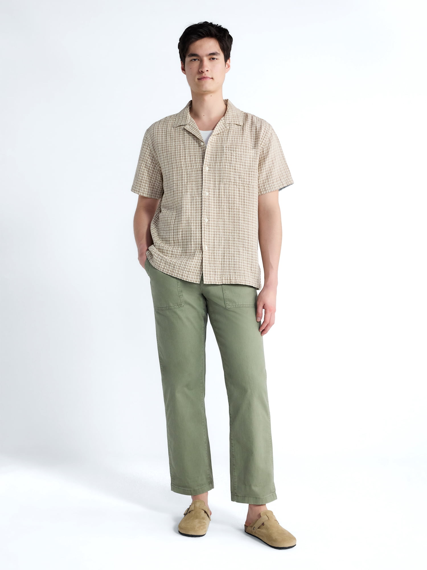 Free Assembly Men's Plaid Textured Cotton Camp Shirt with Short Sleeves, Sizes S-3XL