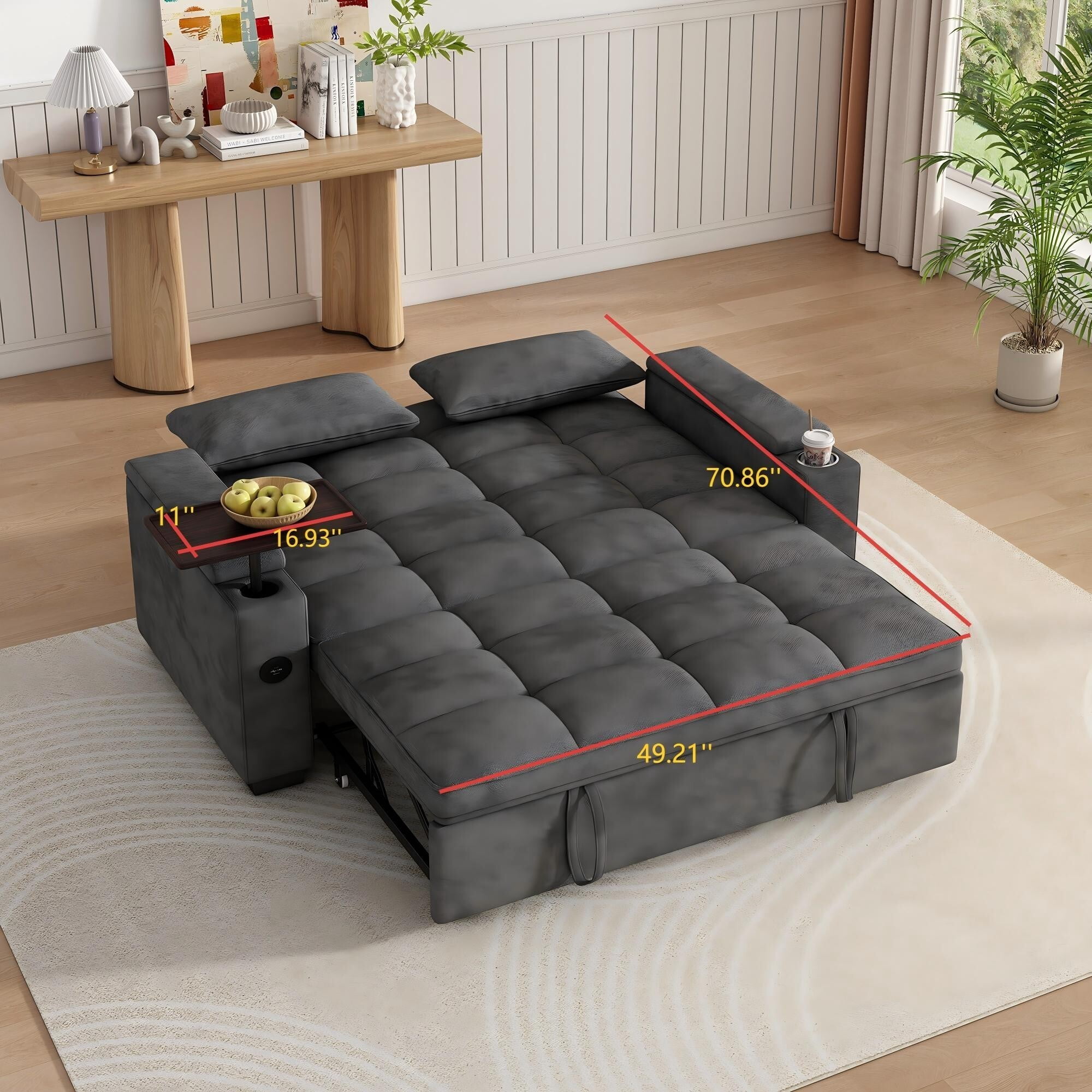 DEALTOPS 65" 3-in-1 Sleeper Sofa Bed, 3-Position Pull Out Couch with 90° Swivel Table, USB & Storage, Chenille, Gray