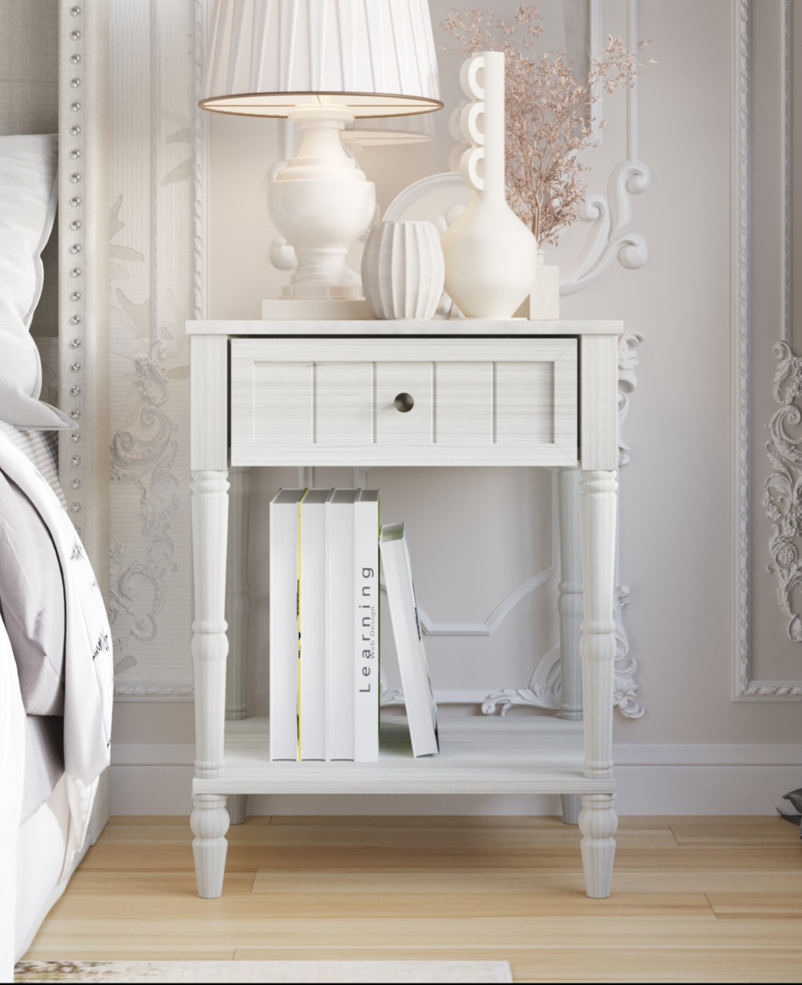 Home Design Billy Queen Upholstered Panel Bed Frame with 2 Nightstands, Warm Gray/Light Gray