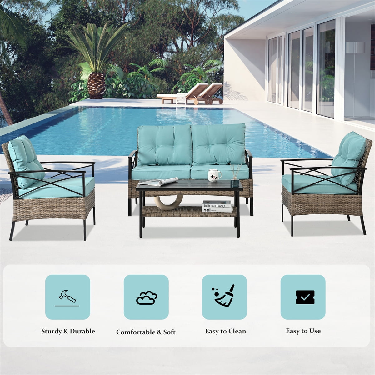 HighSound Patio Furniture Set, 4 Piece Outdoor Patio Conversation Set, All-Weather PE Rattan Wicker Sectional Patio Sofa Set with Coffee Table, Light Blue Cushions