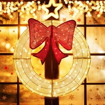 Costway 48 Inch Pre-Lit Christmas Wreath with 200 LED Lights Red Bow Hanging Hooks
