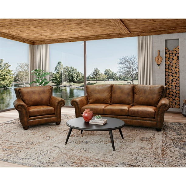 Cinthia Genuine Brown Leather Sofa and Chair Living Room Set
