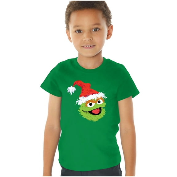 Sesame Street Scribble Christmas Oscar The Grouch Kids T Shirt (4) for Toddler Boys and Girls, Kelly Green