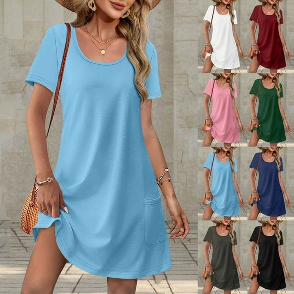 Summer Dresses for Women 2025, Women's Summer Fashion Polka Solid Pocket Short Sleeve V-Neck Dress Tank Sundresses(Black,S)