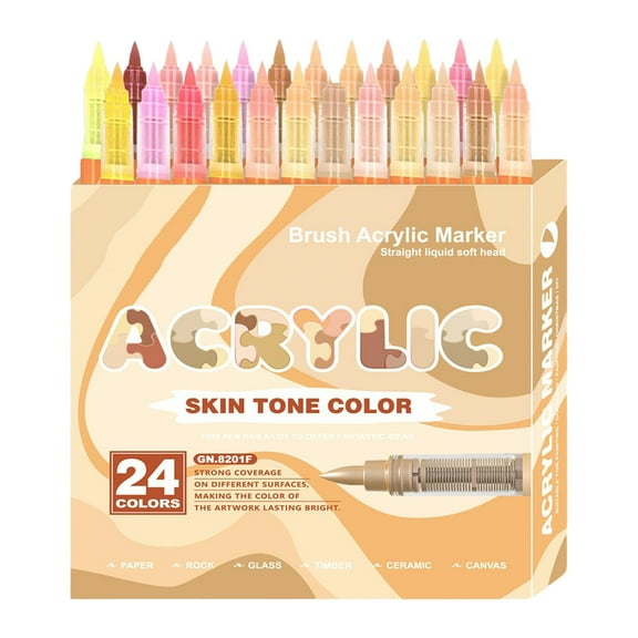 Skin Tone Acrylic Markers 24 Colors Anime Pro Soft Brush Tip Liquid Ink Pens Non Skin Colour Markers for Art on Canvas Rocks Glass Paper