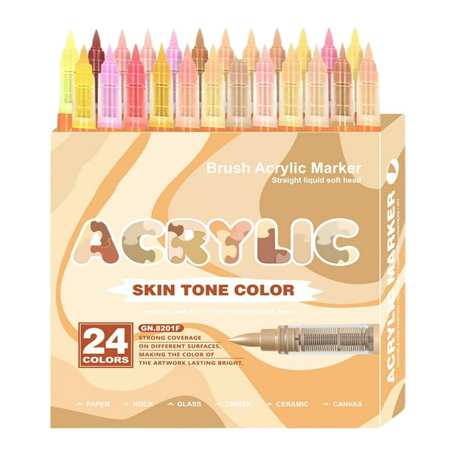Skin Tone Acrylic Markers 24 Colors Anime Pro Soft Brush Tip Liquid Ink Pens Non Skin Colour Markers for Art On Canvas Rocks Ensemble de Cartes et Enveloppes pour Enseignants Stylos de Papeterie