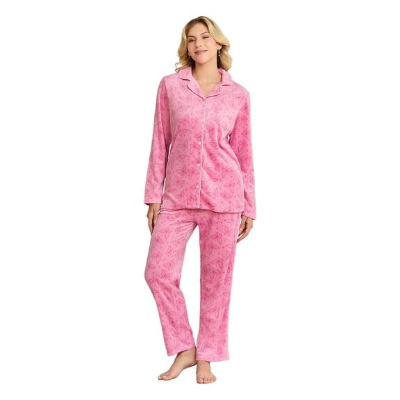 EK4YDNDS Womens Fleece Pajama Set, Cozy Long Sleeve Button-Down PJs 2-Piece Ultra Soft Sleepwear(PINK BUTTERFLY, M)