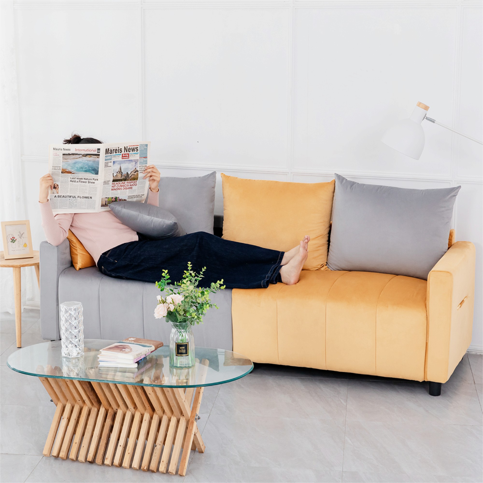 Modern Velvet Sofa Couch,3 Seater Sofa Couch with Cushion for Living Room,Light Grey & Yellow