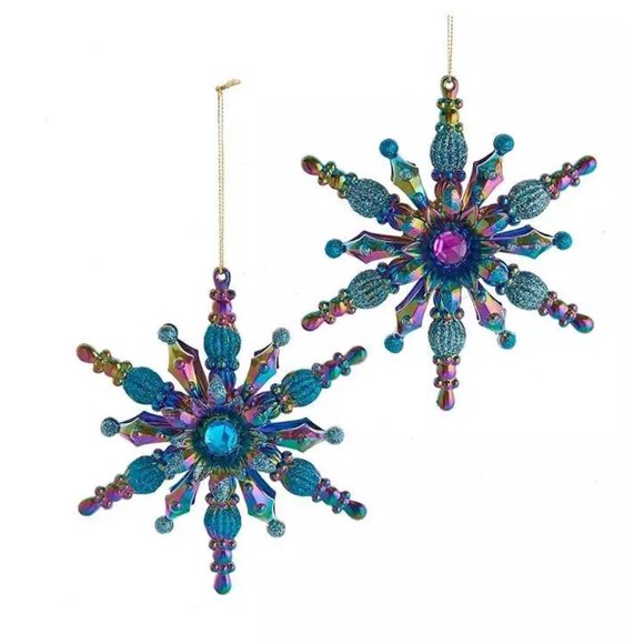 The Bridge Collection Peacock Inspired Snowflake Ornaments, Set of 2 Blue Green and Purple Snowflakes for Peacock Themed Christmas Tree
