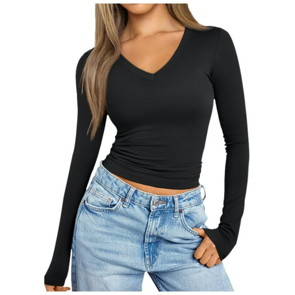 UJNDER Women's Long Sleeve Shirts V Neck Going Out Slim Fit Casual Crop Tops for Women 2025 Fall Fashion Clothes Black L