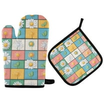 Yayeee Oven Mitts and Pot Holder Set of 2 Heat Resistant Kitchen Gloves Baking Hot Pad, Daisy Mosaic