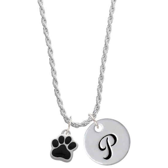 Delight Jewelry Silvertone Small Black Paw Silvertone Script Initial Disc - P - Charm Necklace, 20"+3"