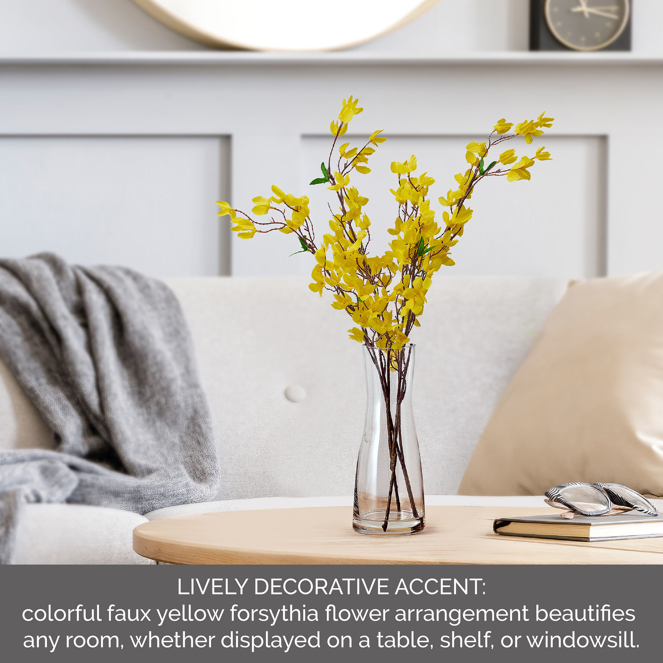 Elements Artificial Realistic Look and Feel Forsythia Arrangement in Clear Glass Vase