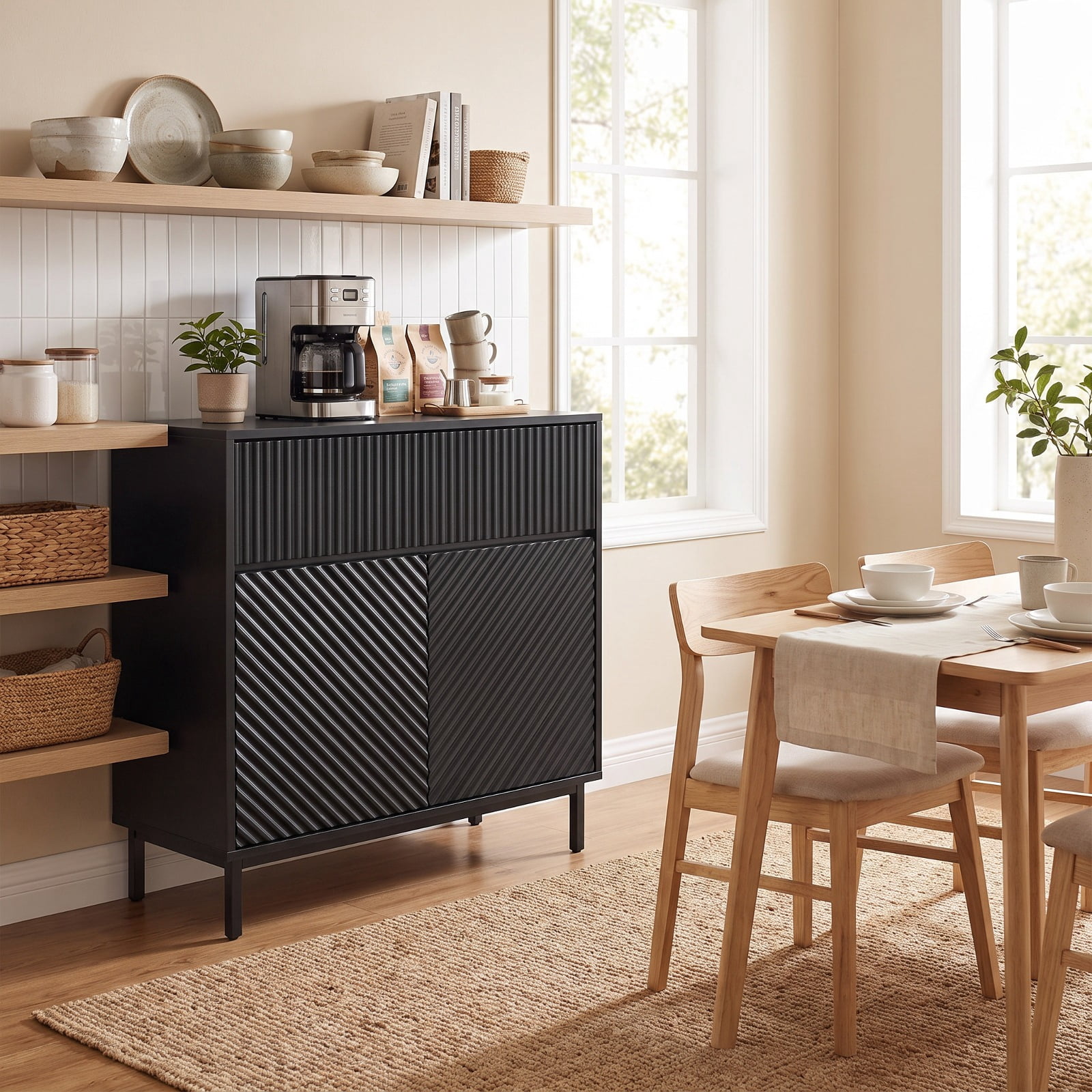 Furnibear 32" Wide Buffet Cabinet with 2 Doors and 1 Drawer for Kitchen for Kitchen Dining Living Room Buffet Storage Server, Black