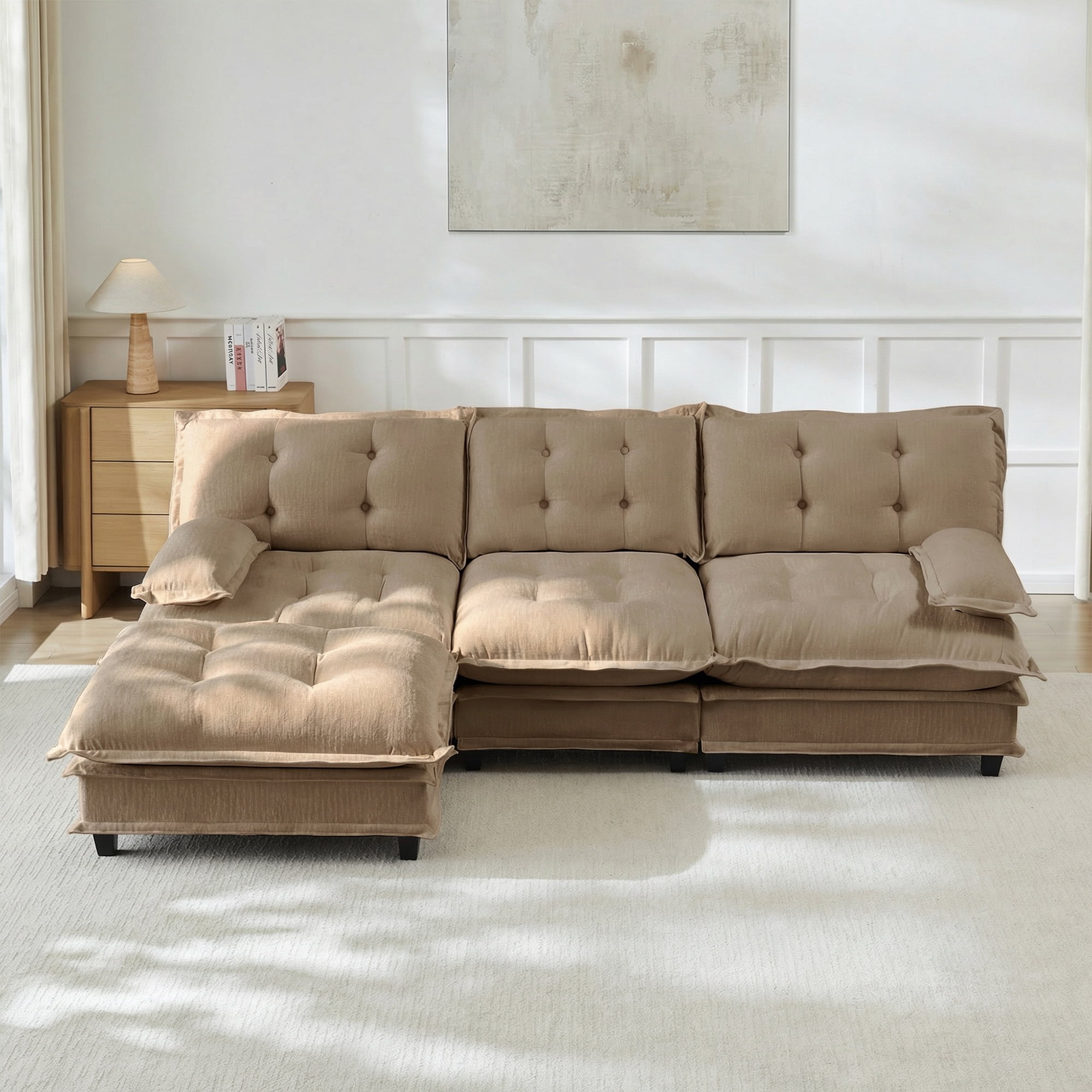 AISWORD 107" L-Shaped Modular Sectional Cloud Sofa with Ottoman, Chenille Fabric Deep Seat Couch with Lattice Decored Cushions