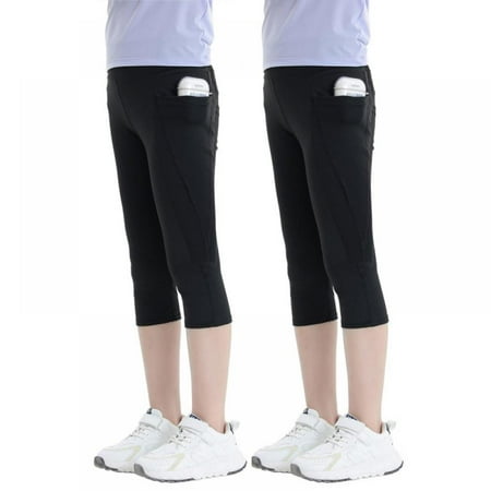 

BULLPIANO Girls Capri Leggings with Pockets for Kids Workout Sport Running Yoga Tights Pants 2 Pack Size 4-13T