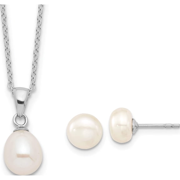 Sterling Silver Rhodium-Plated Fwc Pearl Necklace/Stud Earring Set Made In Canada qh5191set